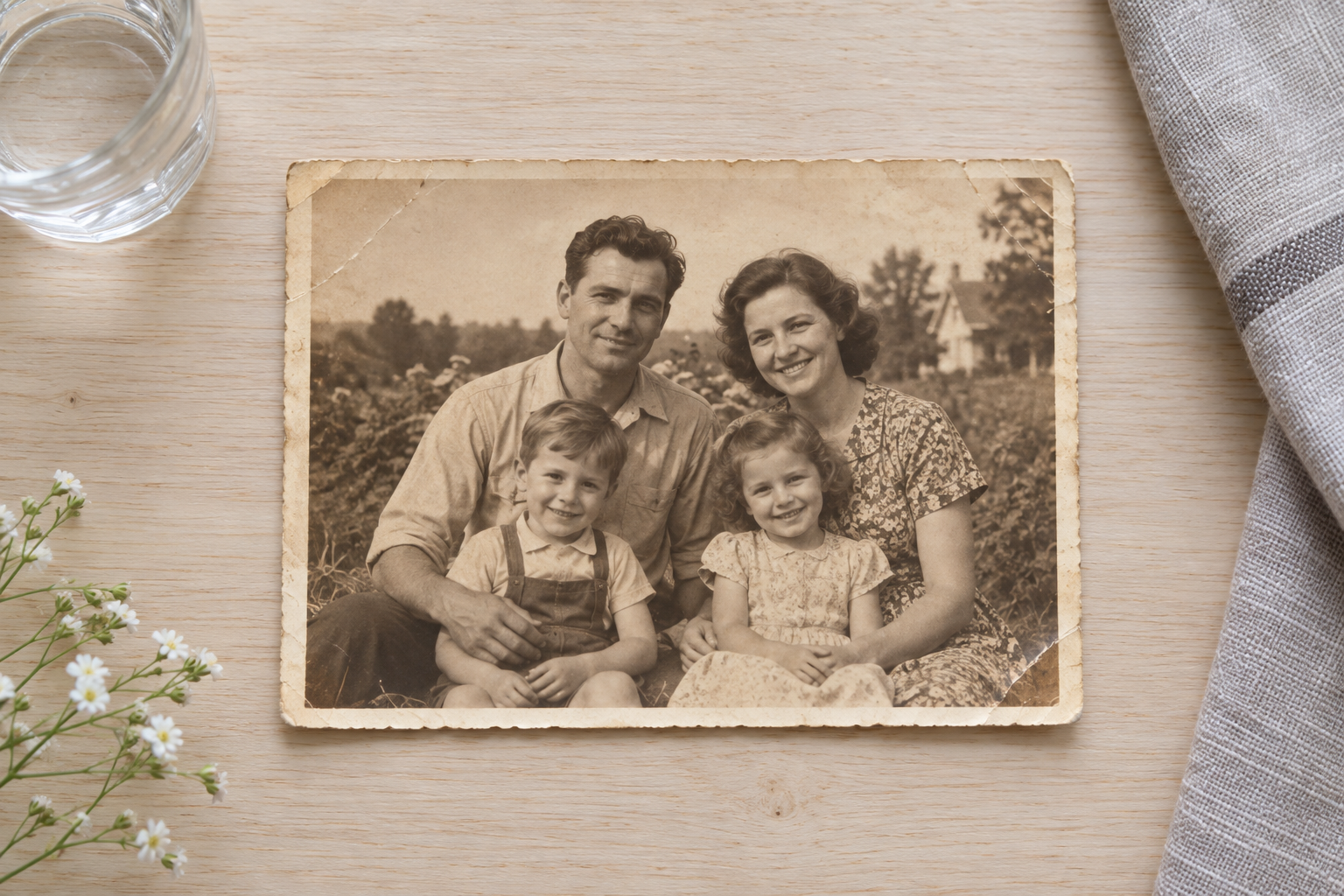 Old paper photograph placed flat and photographed from above before restoration