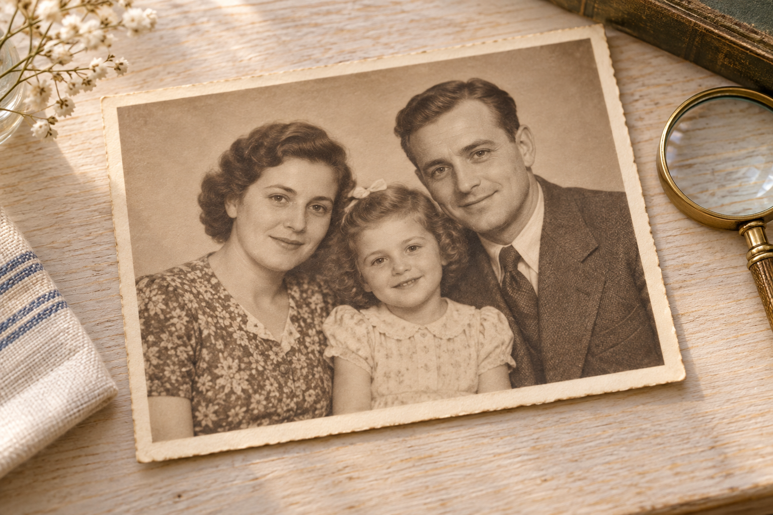 Old photo restoration repairing creases and sharpening faces on a family portrait
