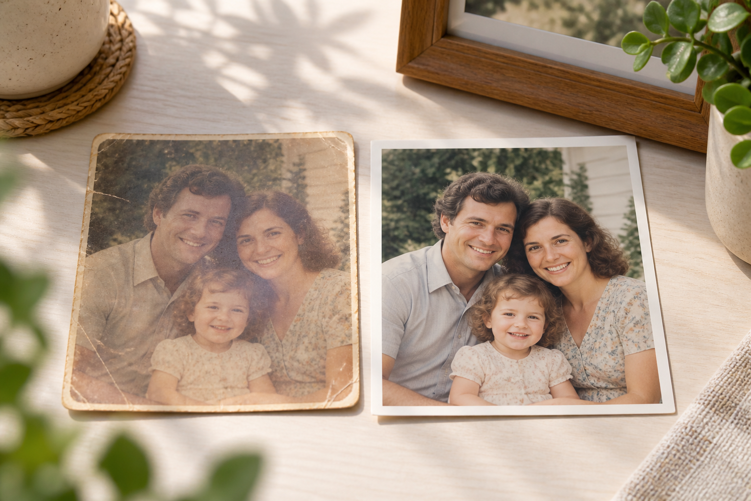 Original and restored family portrait compared side by side before download