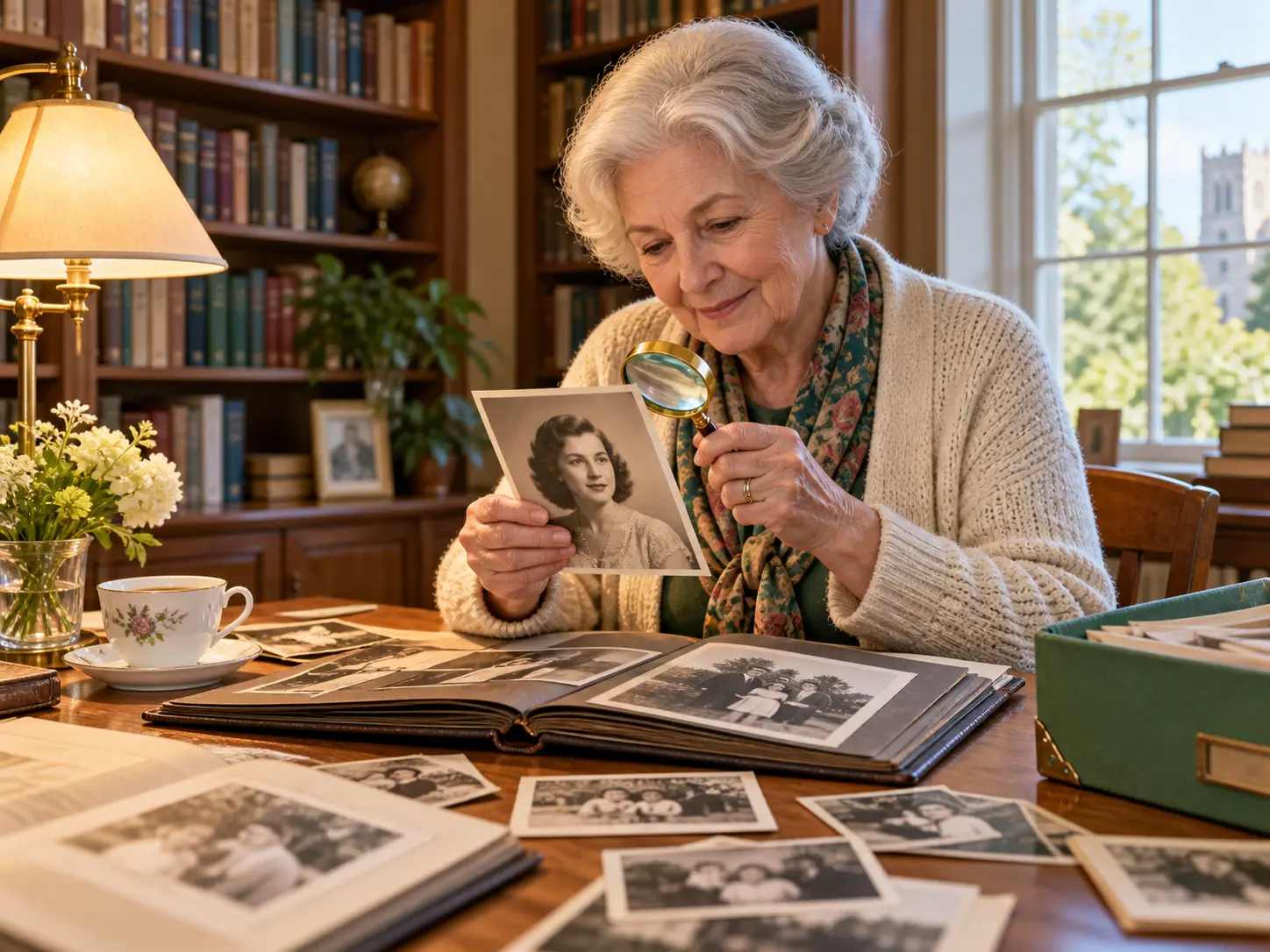 Family historian studying restored old photographs in a bright library