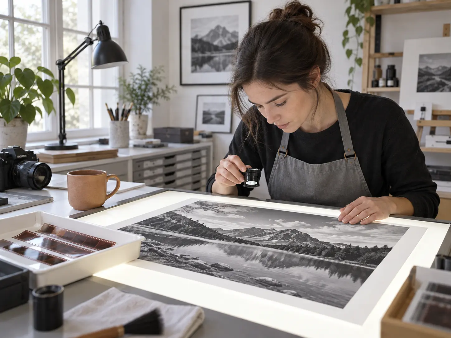 Photographer reviewing a restored print on a bright light table in a studio
