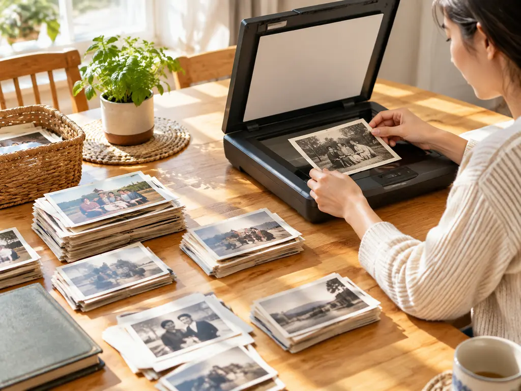 Person digitising a stack of family photographs at a bright table