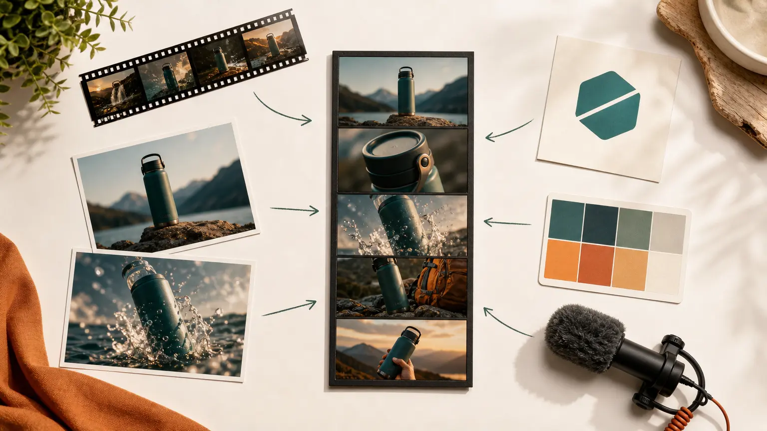 Reference panel combining text, images, video, audio, and a logo for one scene