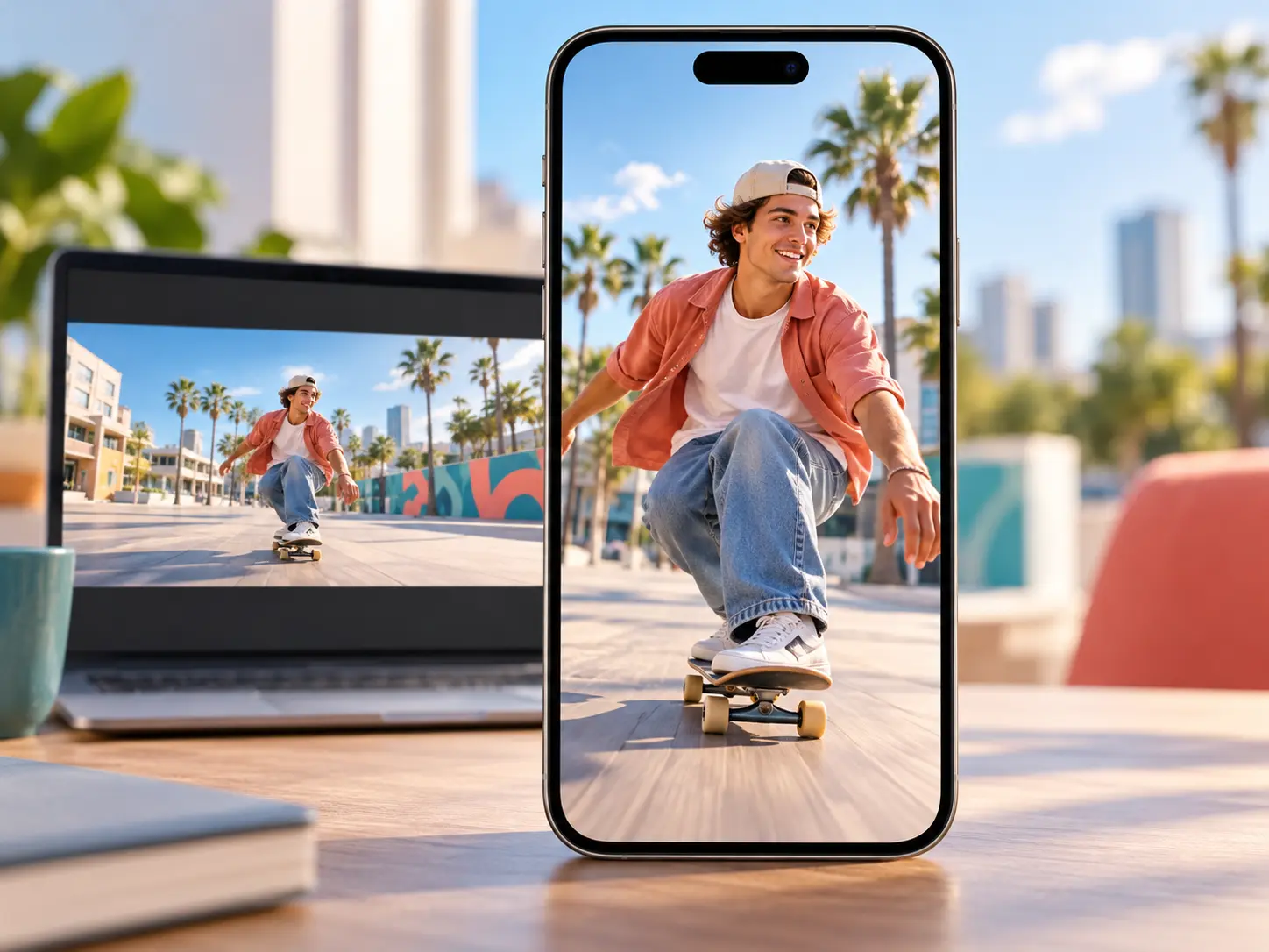 Vertical video workspace with 9:16 scenes, reference images, audio, and a 4K MP4 preview