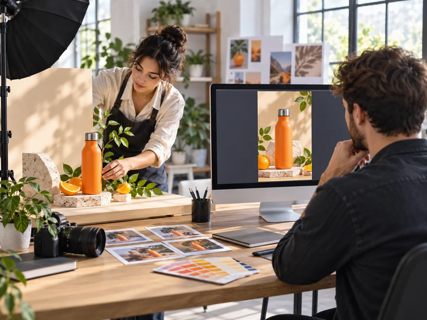Small brand team shaping a mobile campaign video with a logo and timed scenes