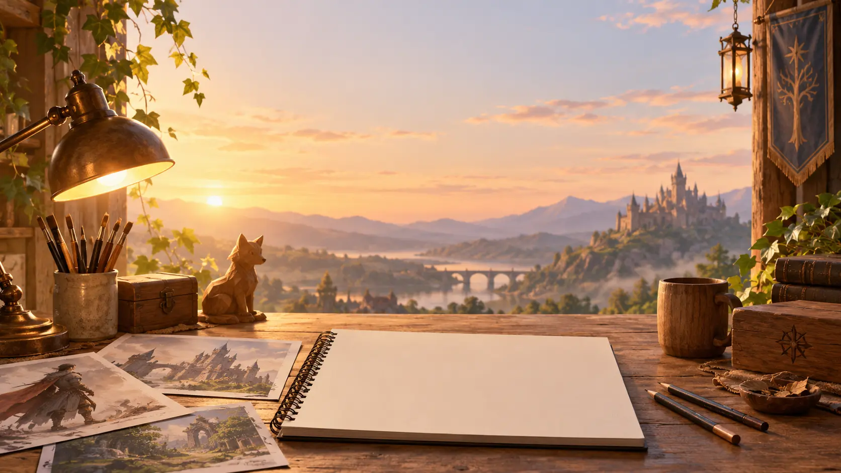 Wide fantasy studio scene with character art props for a creation call to action