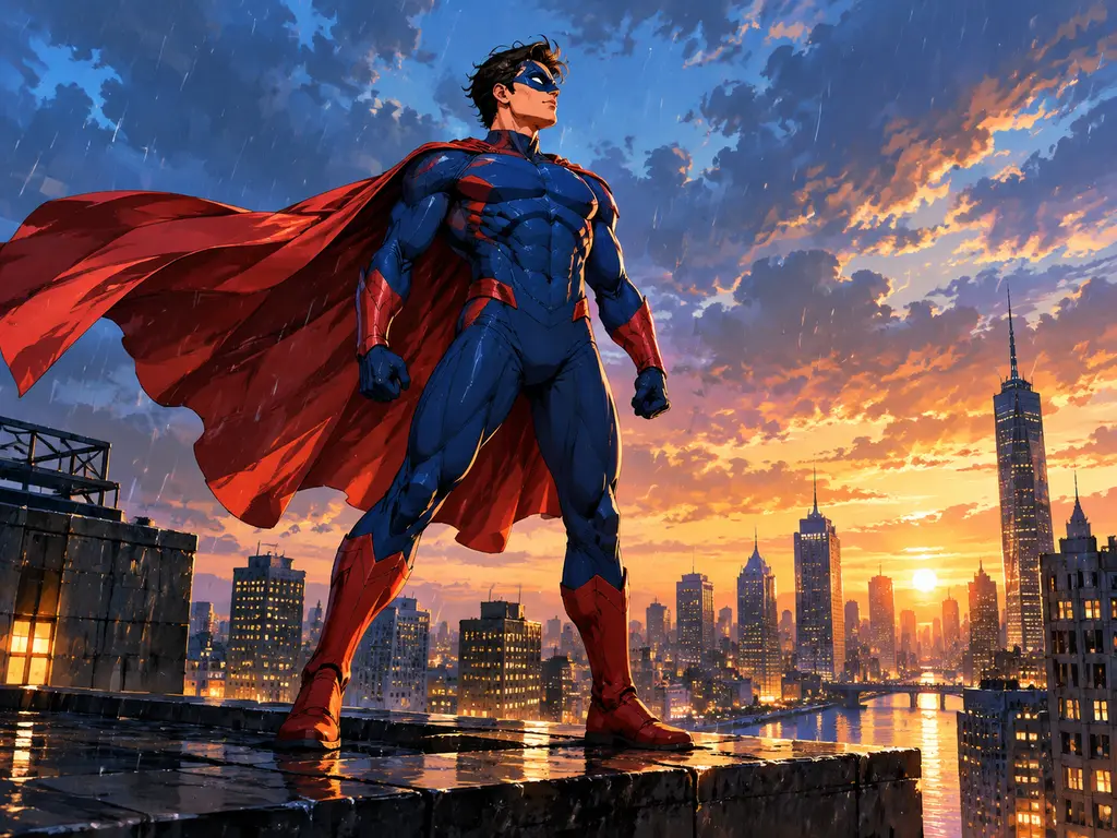 Caped superhero on a rainy rooftop generated from a comic-style prompt