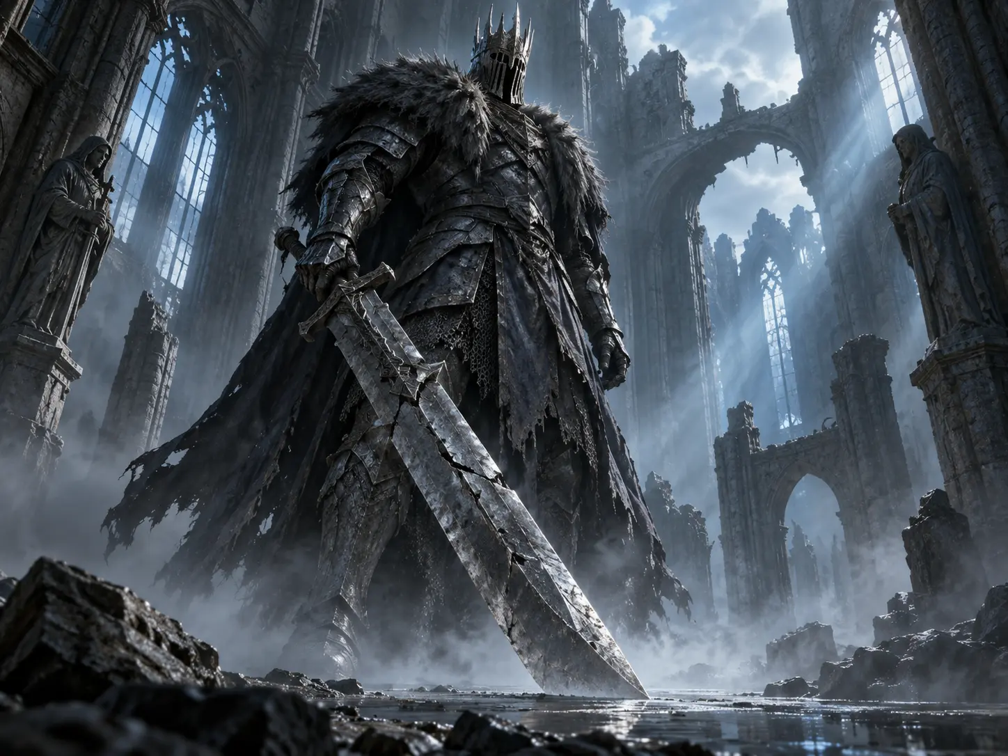 Armored dark-fantasy boss generated from a moody scene prompt