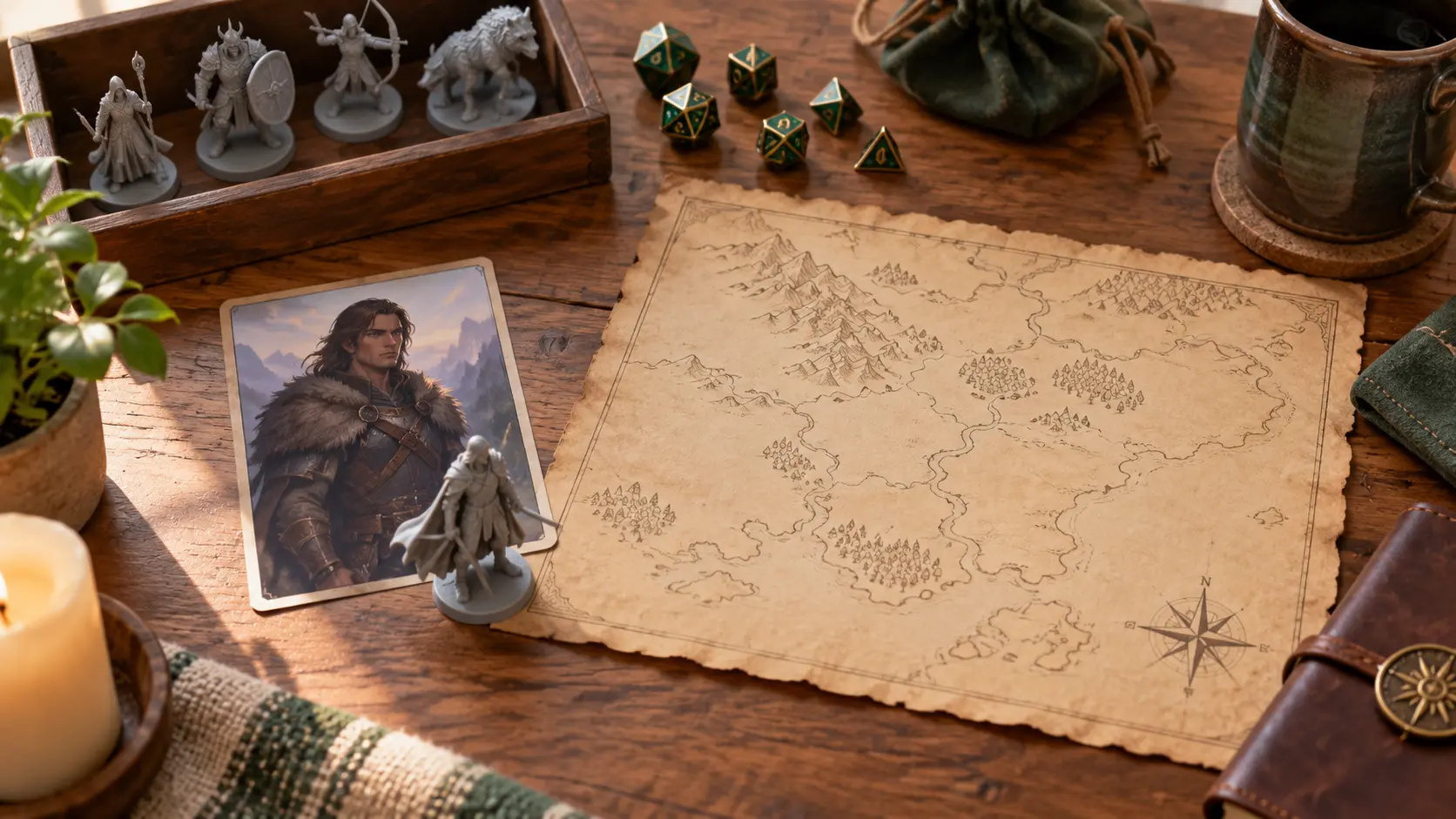 Tabletop game table with character tokens and a fantasy hero portrait