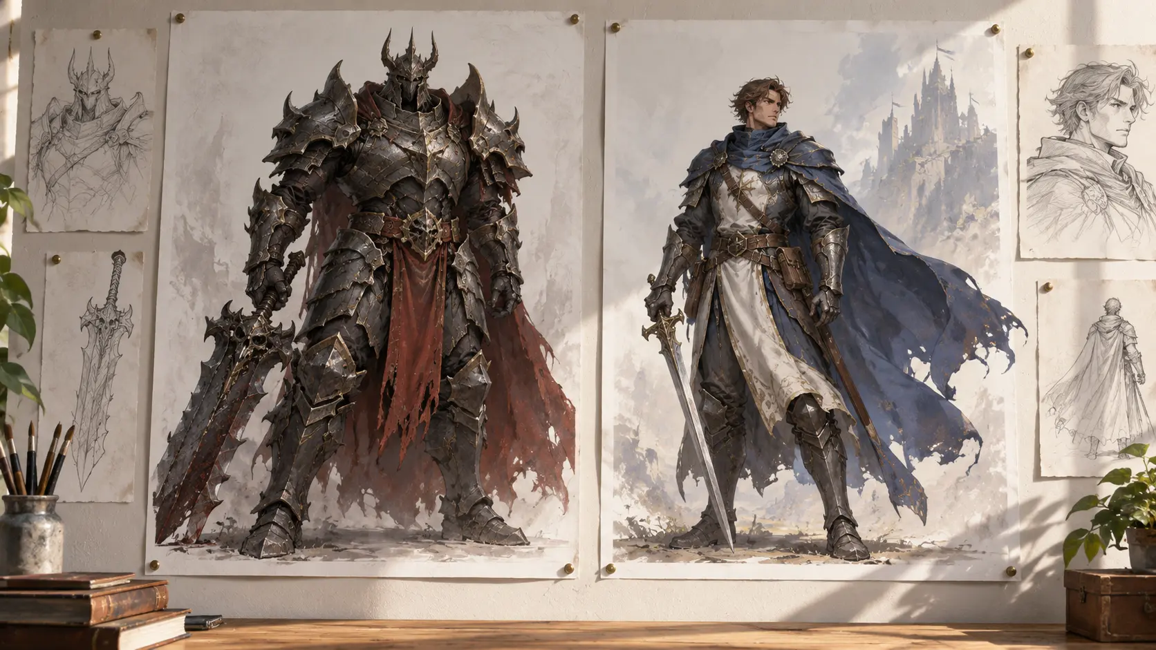 Concept art sheet style scene with a armored boss and a caped hero