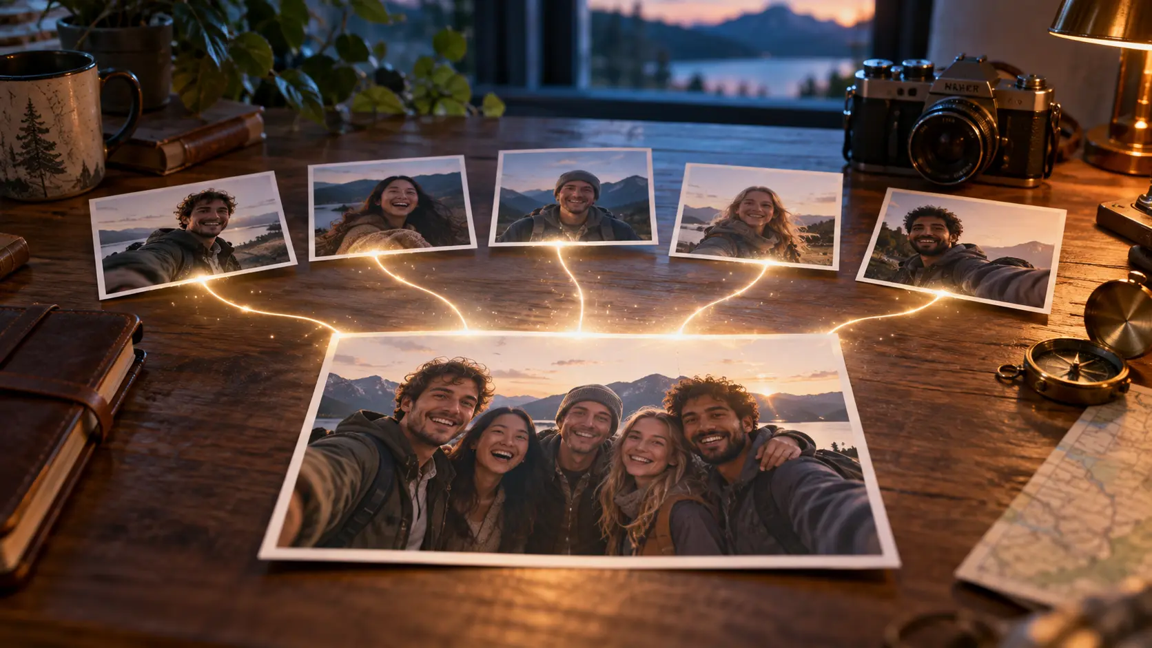 Photo montage generator workspace with separate photo prints being transformed into one cohesive scene
