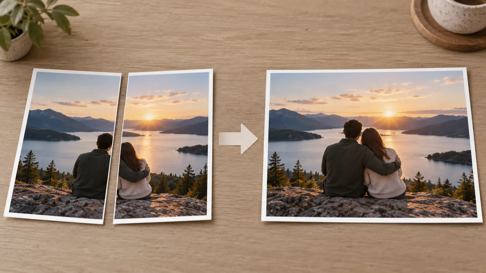 Photo montage generator fusing two separate photos into one unified family scene