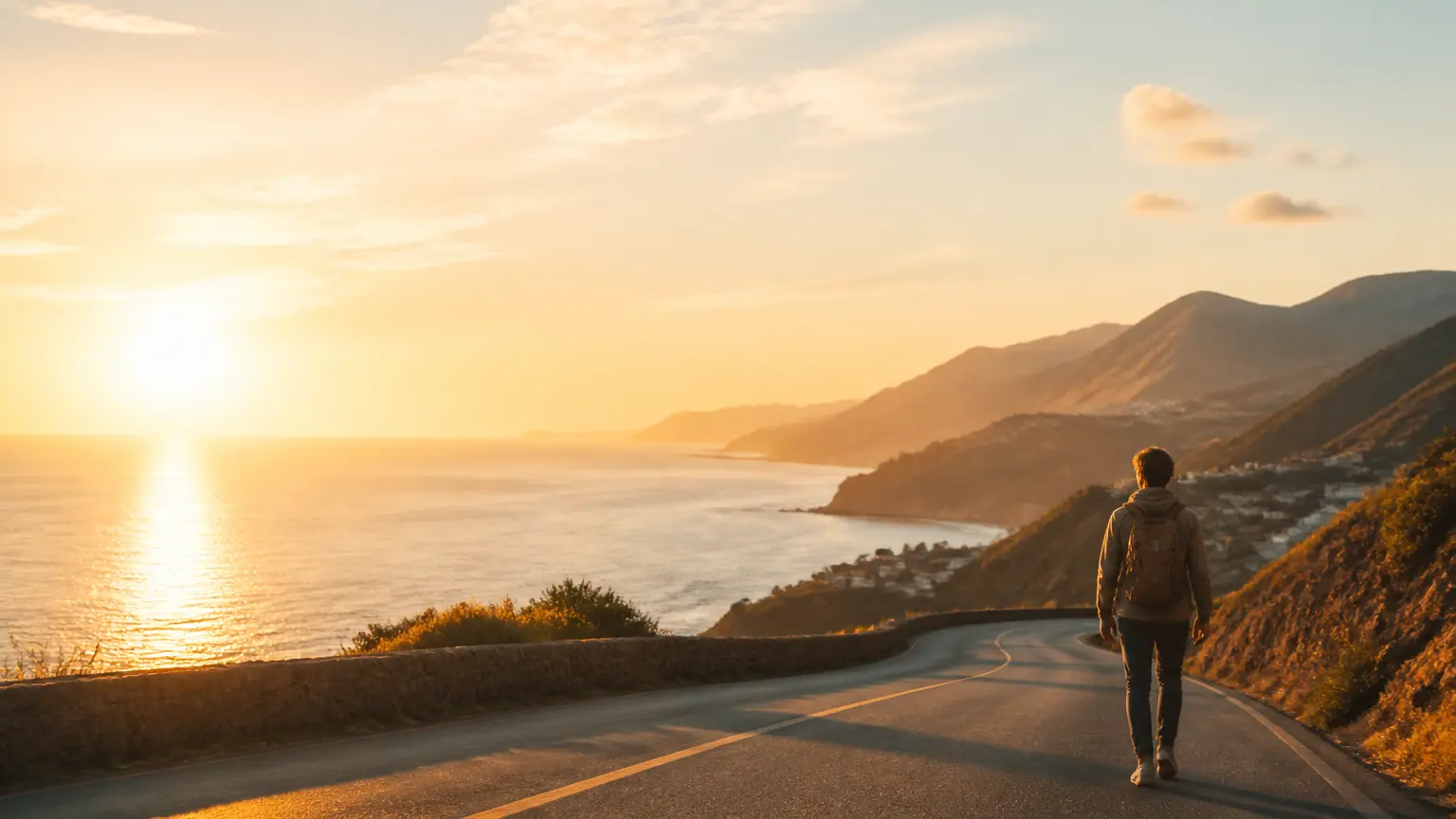 Traveler on a sunlit coastal road overlooking the sea