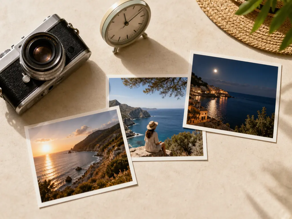 Travel photographs arranged beside a camera and an analog clock