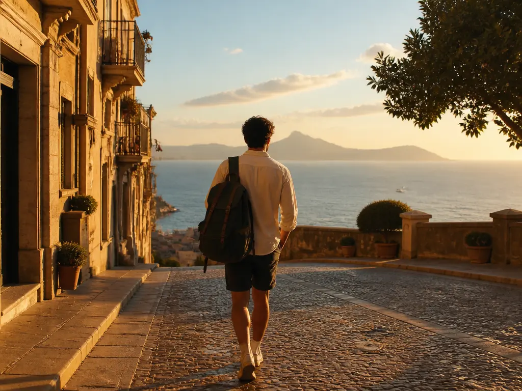 Traveler walking along a coastal town in a continuous film scene