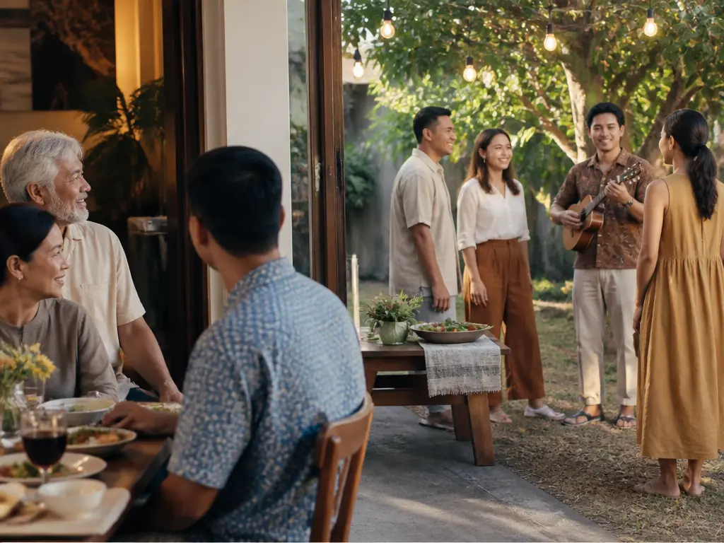 Family gathering outdoors as a memory video scene moves into daylight