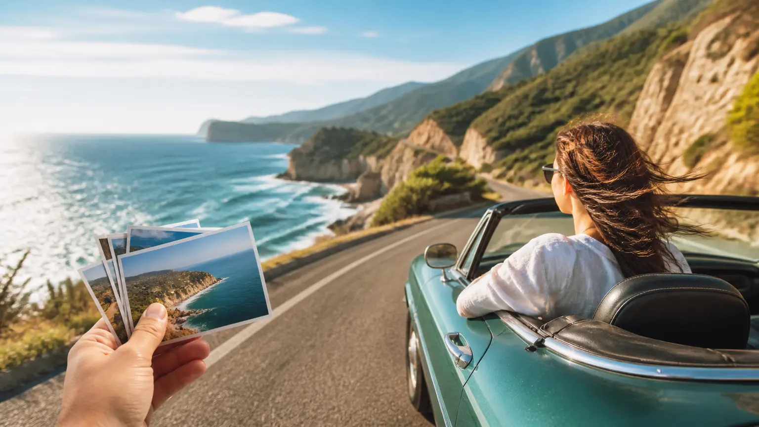 Traveler on a coastal road holding a photo of the journey
