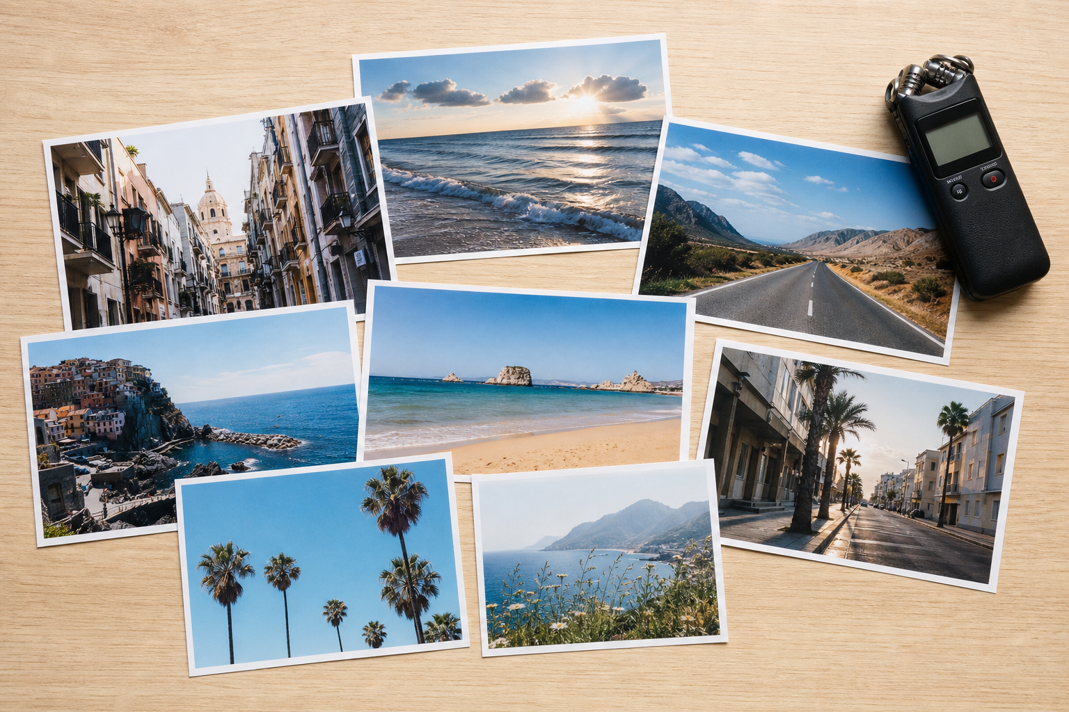 Coastal trip photographs and a small recorder gathered on a desk