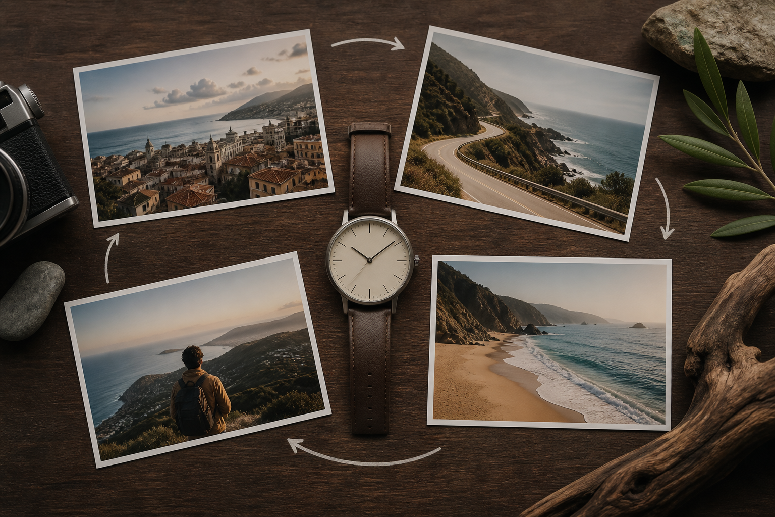 Coastal trip photos placed in sequence around an analog watch