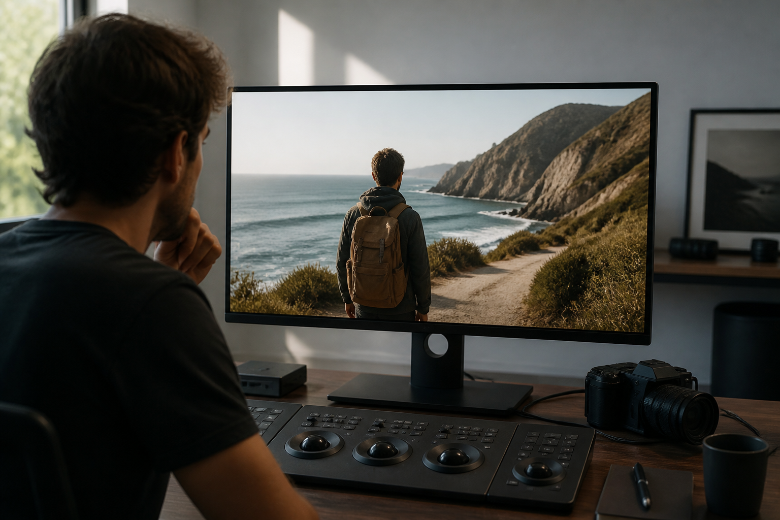 Creator reviewing a finished coastal journey clip on a monitor