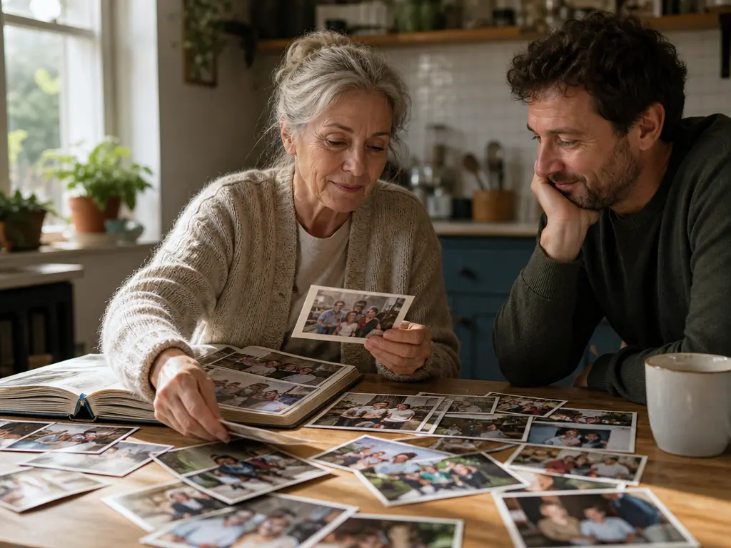 Family memory makers choosing photographs from an album at home