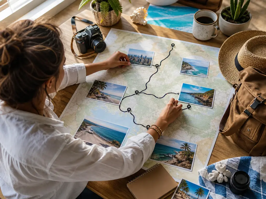 Travel creator mapping city, beach and road photographs on a desk