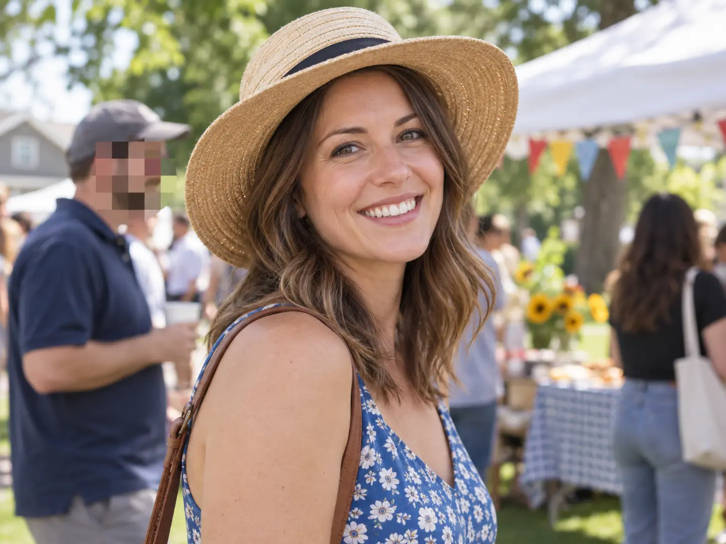 Portrait with one background face covered by square pixel blocks and the main subject left clear