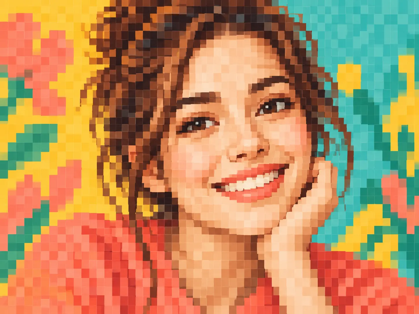 Colorful portrait transformed into a consistent full-frame pixelated image style