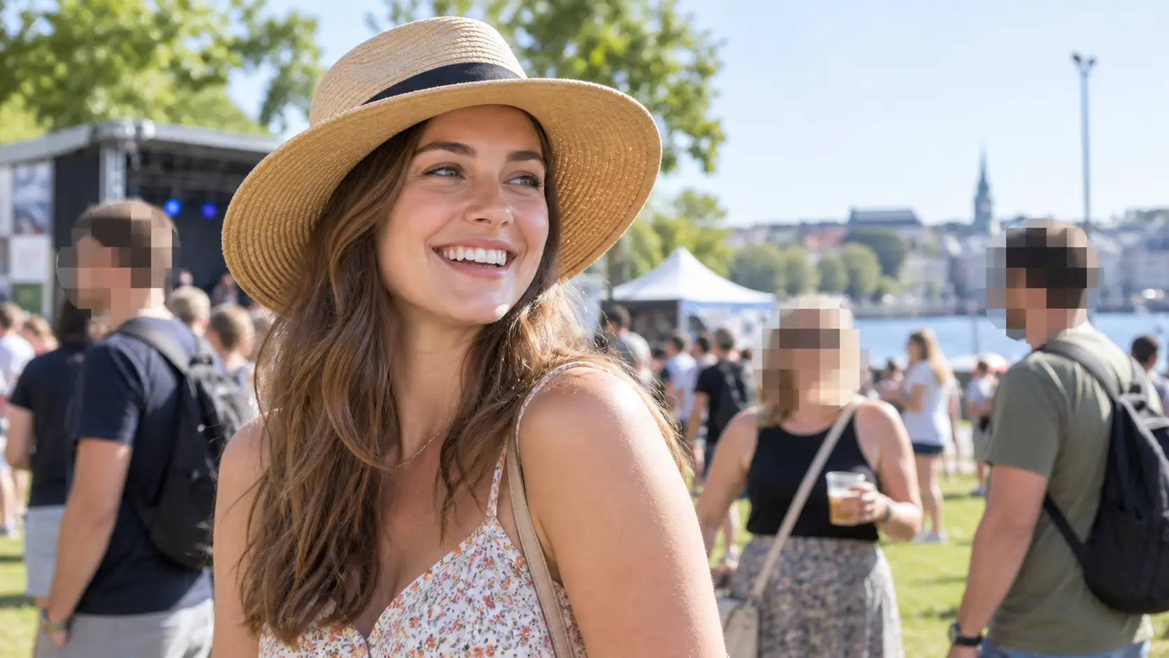 Public event photo with background faces carefully covered by square pixel mosaics