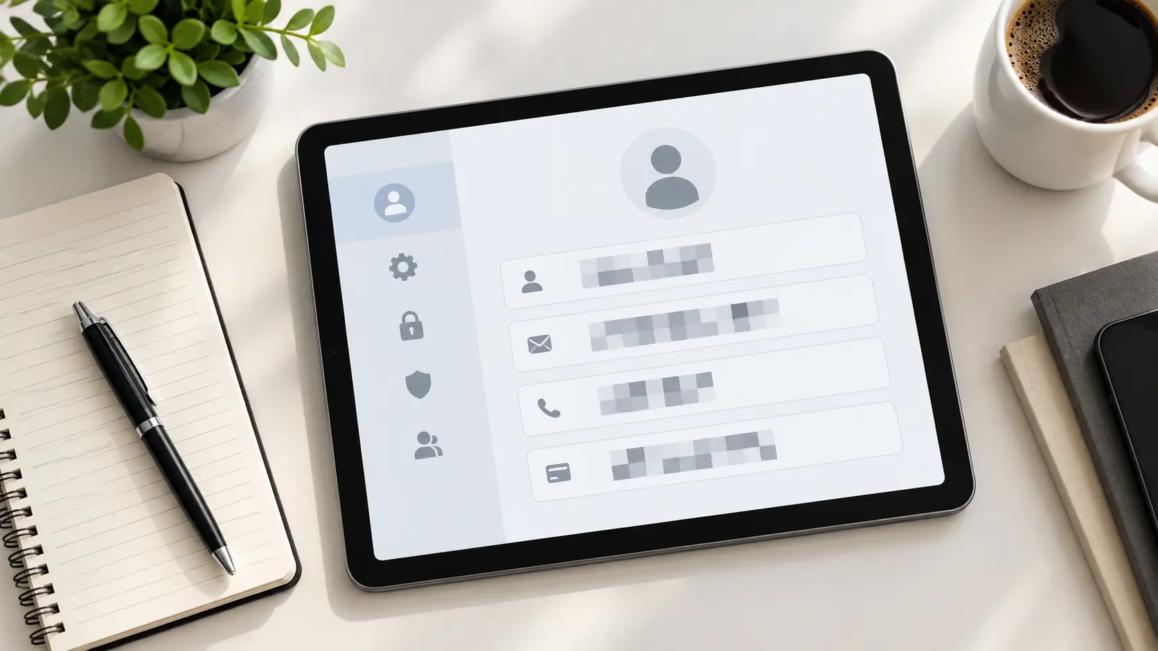 Tutorial screen on a desk with private account fields covered by clean pixel blocks