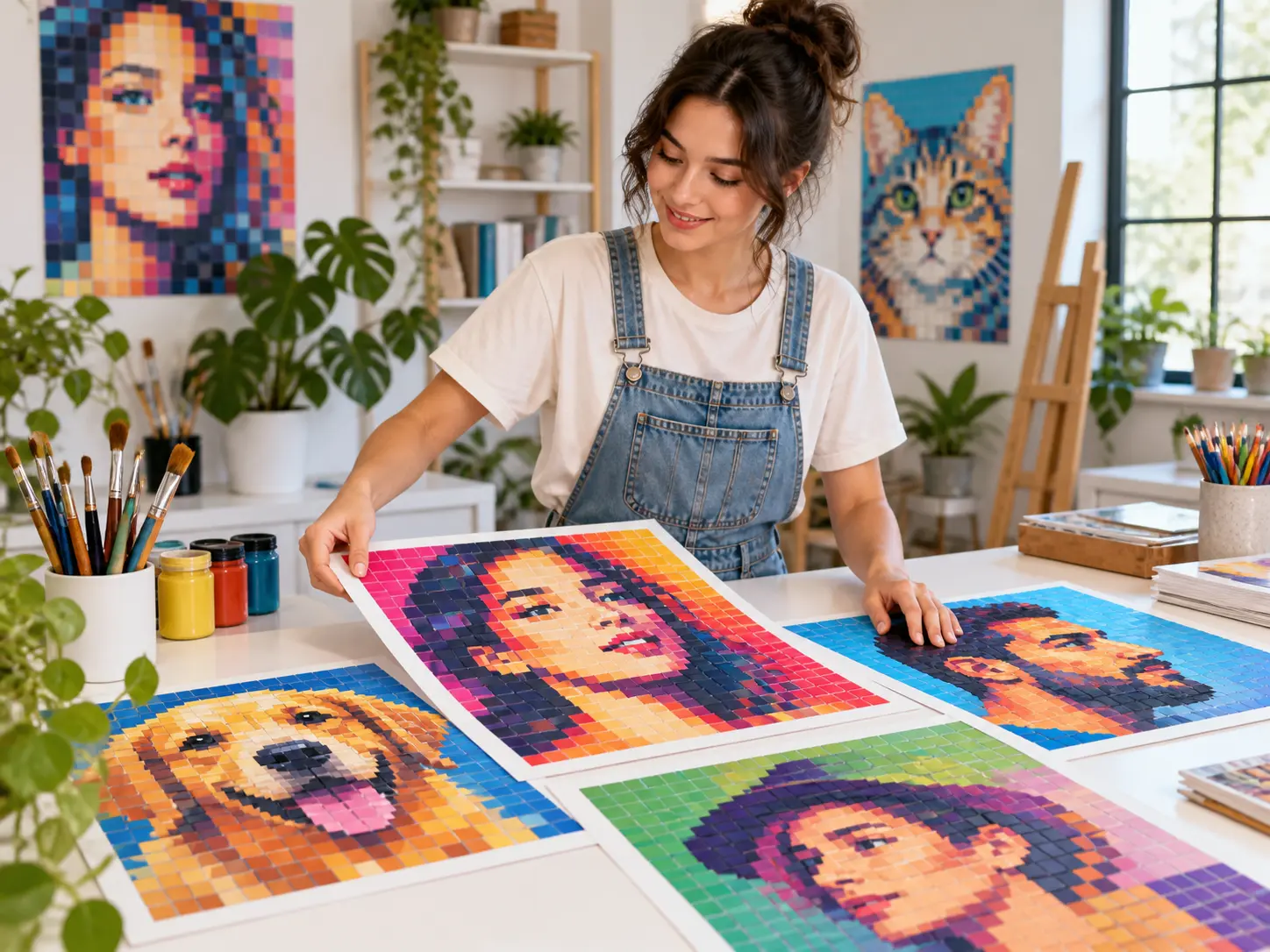 Social creator arranging a printed portrait with a bold full-frame pixelated aesthetic