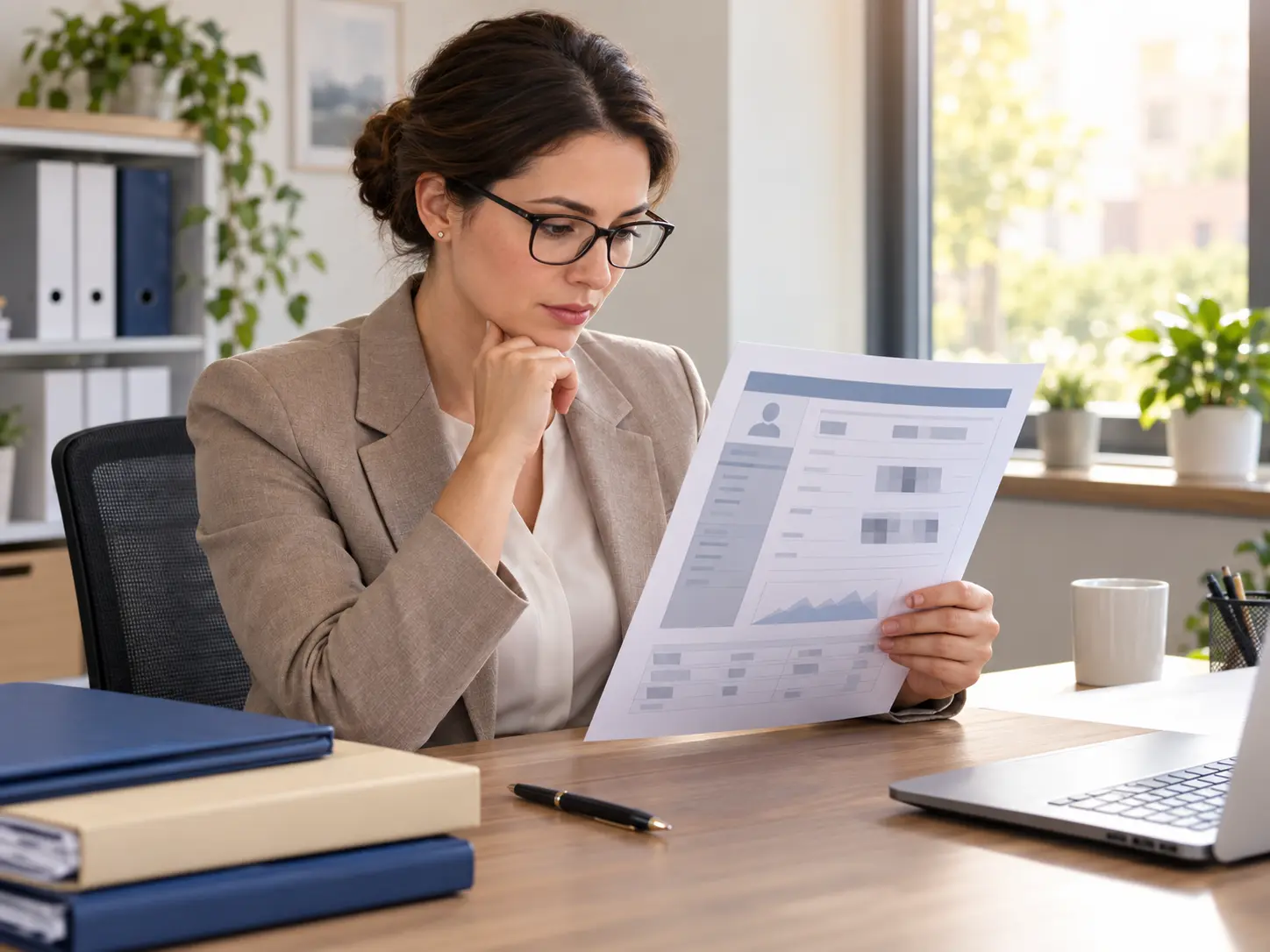 Documentation specialist reviewing a printed screenshot with private fields pixelated