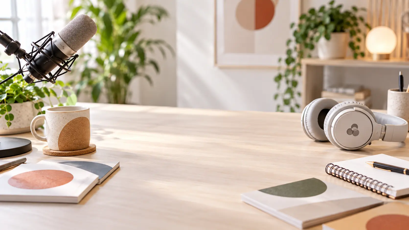 Bright podcast studio table with abstract show marks, square cover samples, headphones, and episode notes