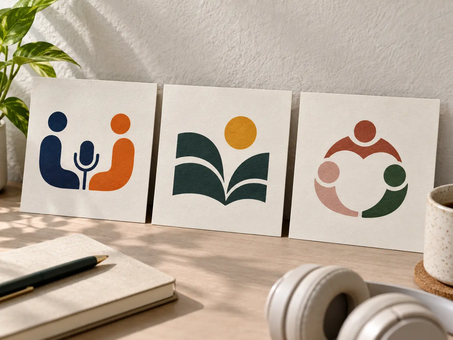 Three distinct abstract podcast logos with interview, narrative, and community themes