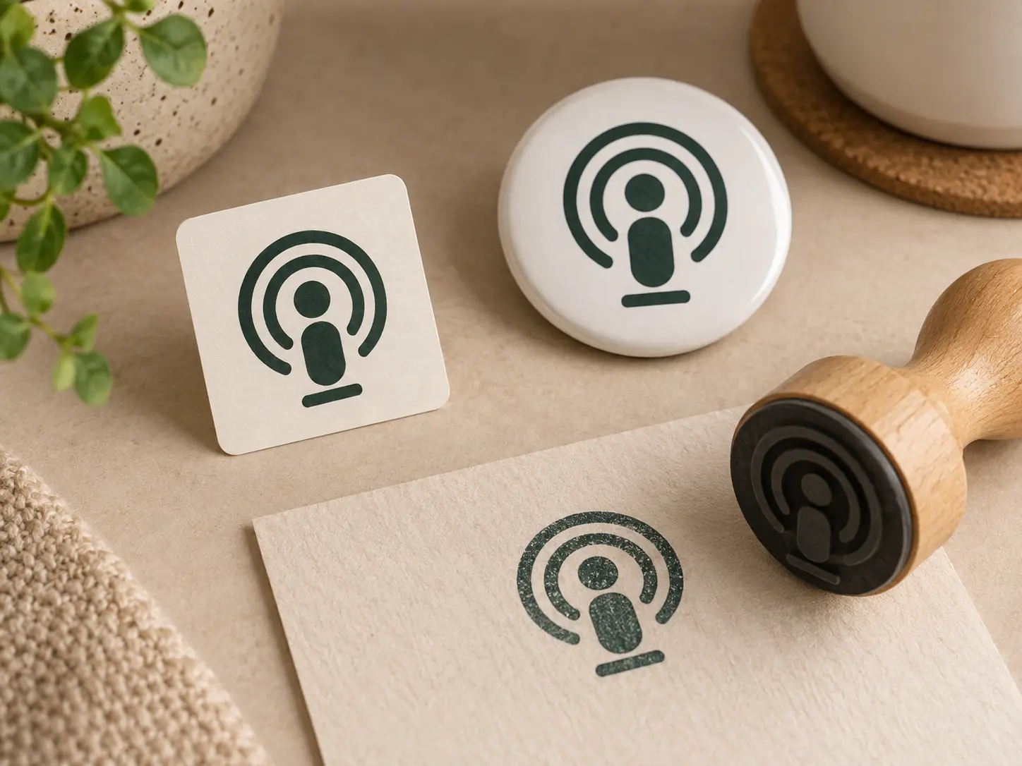 A set of podcast logos reduced to a small square avatar, printed badge, and one-colour stamp