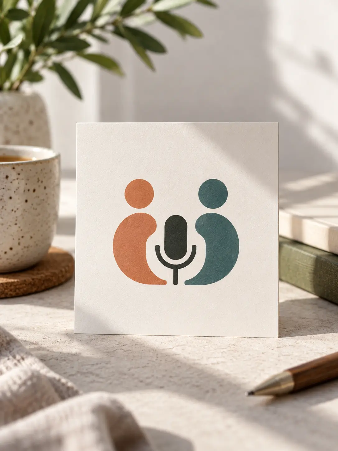 Abstract podcast logo for an interview show printed on a cover card and shown as a small channel avatar