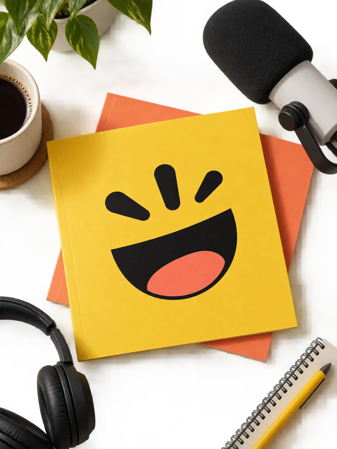 Playful bold podcast logo direction for a comedy show displayed on bright printed covers