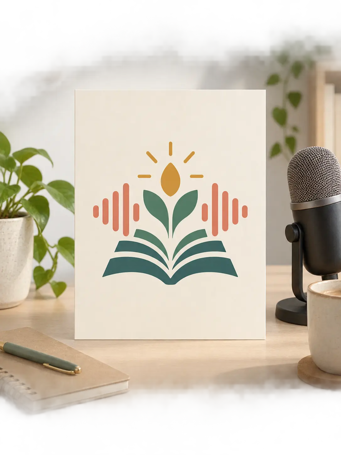Abstract open-book and sound-wave podcast logo for an education show shown on a cover card beside a microphone
