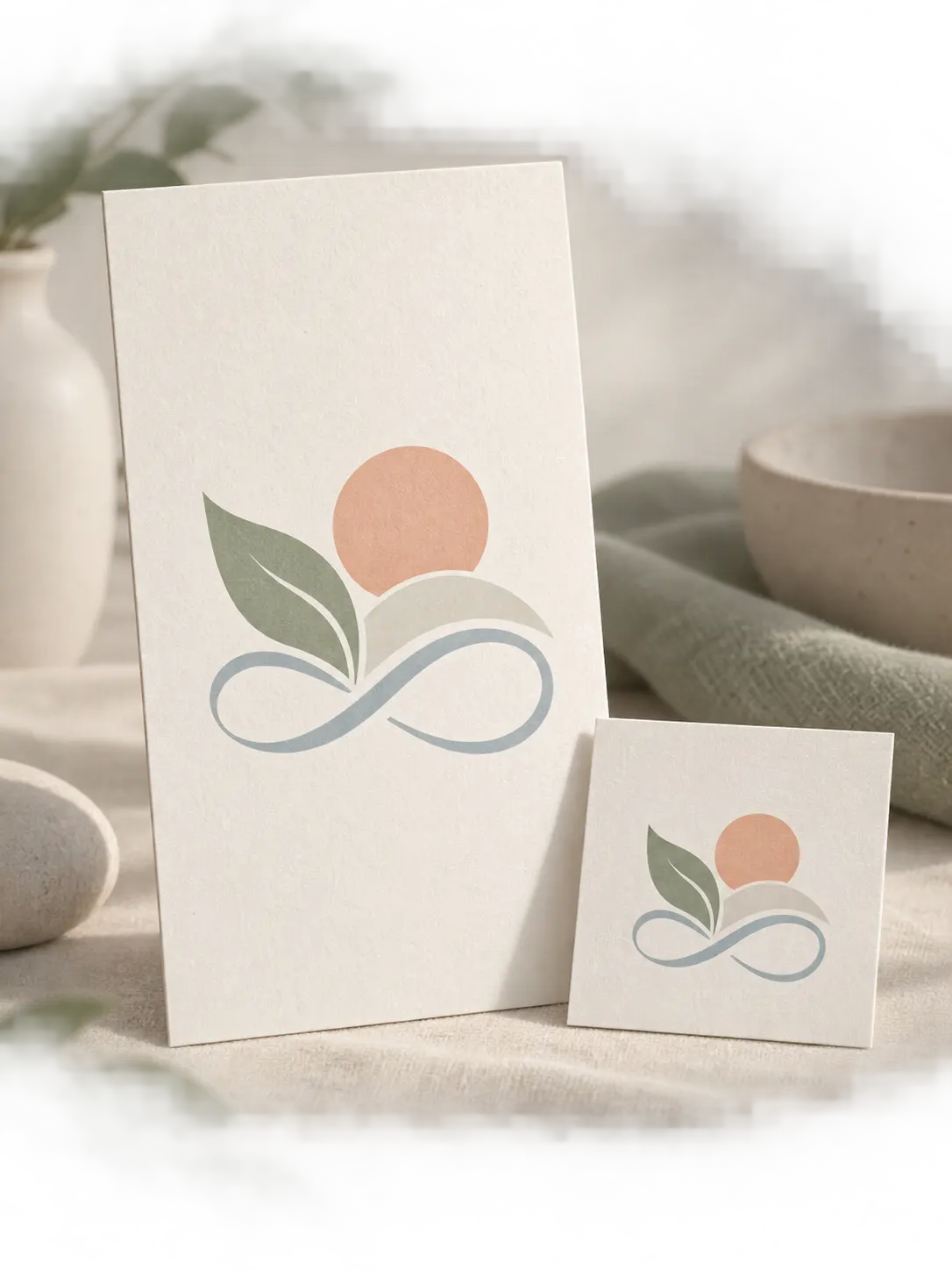 Calm wellness podcast logo concept printed on a cover card with a soft leaf-and-breath mark and a square thumbnail sample