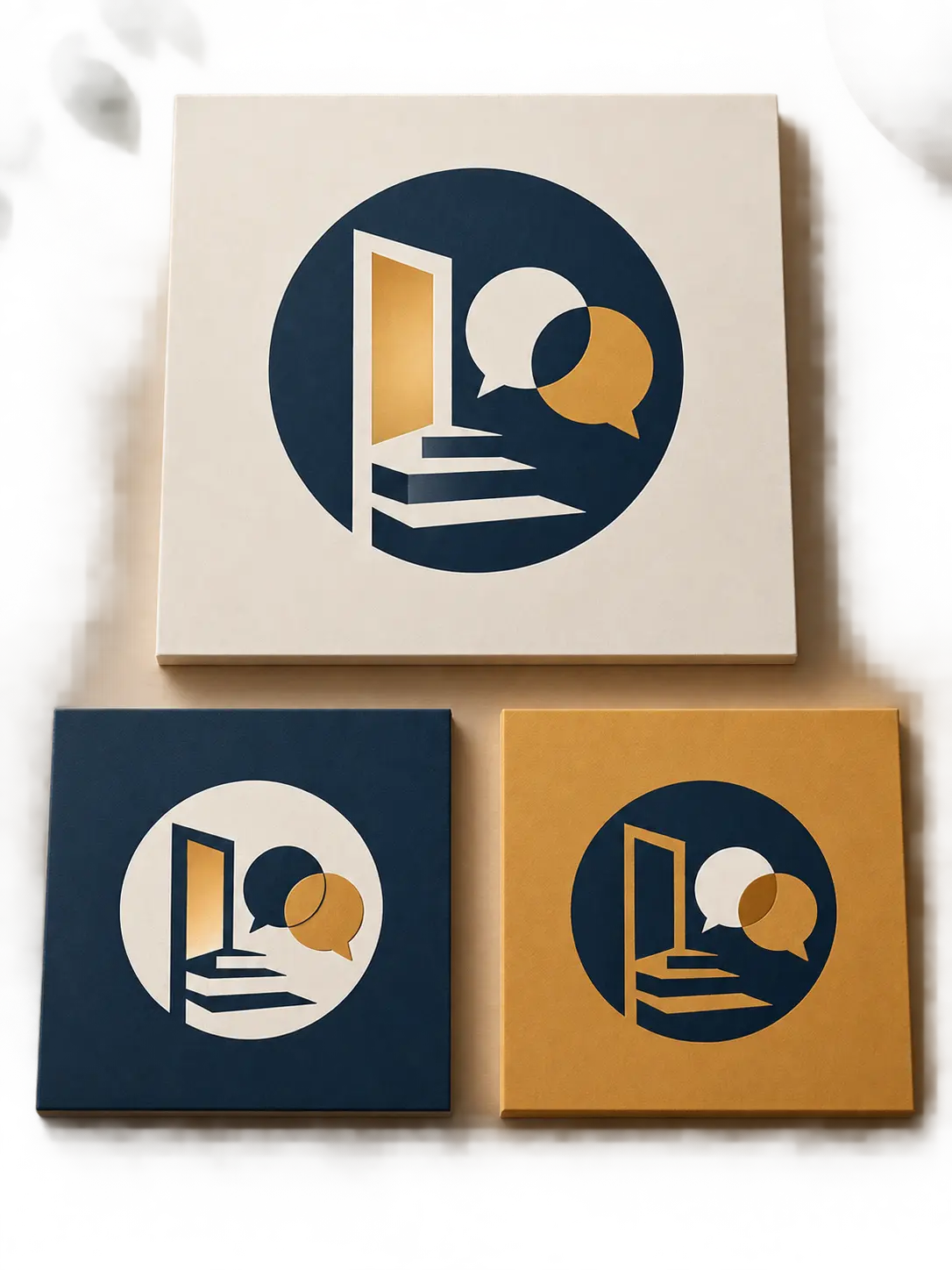 Modern business interview podcast logo concepts arranged as square cover boards with a clean abstract conversation mark