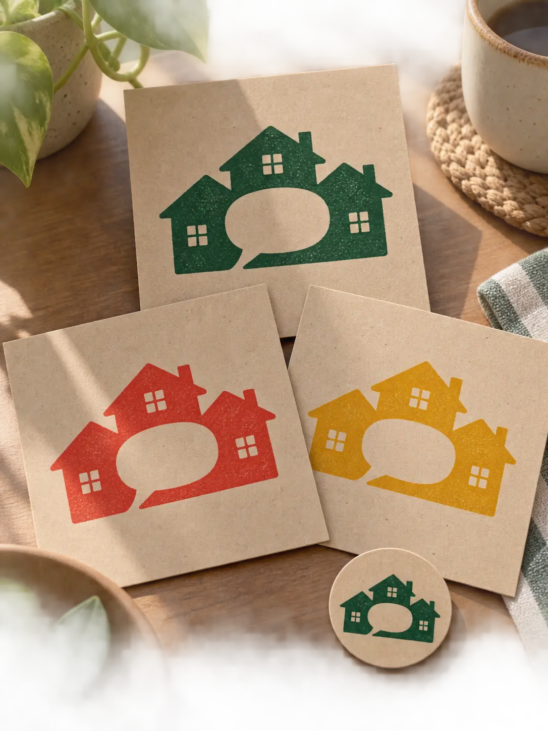 Community podcast logo direction printed on kraft cards with a connected-rooftops mark and a small profile avatar