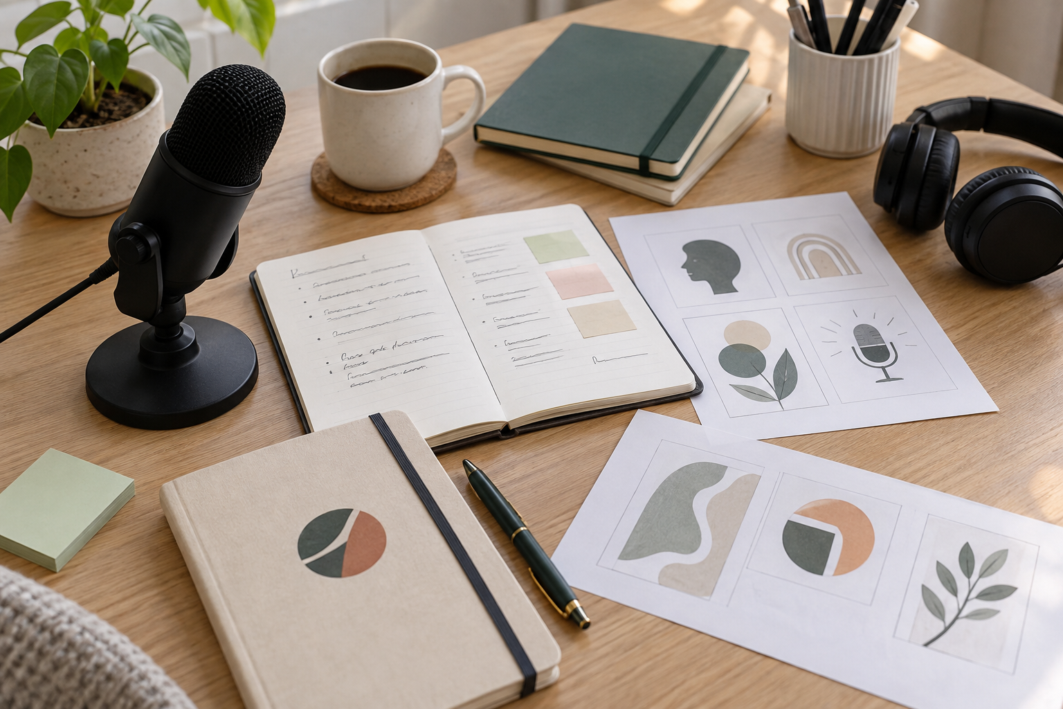 Podcast planning table with notebooks, microphone, episode outline, and abstract identity sketches