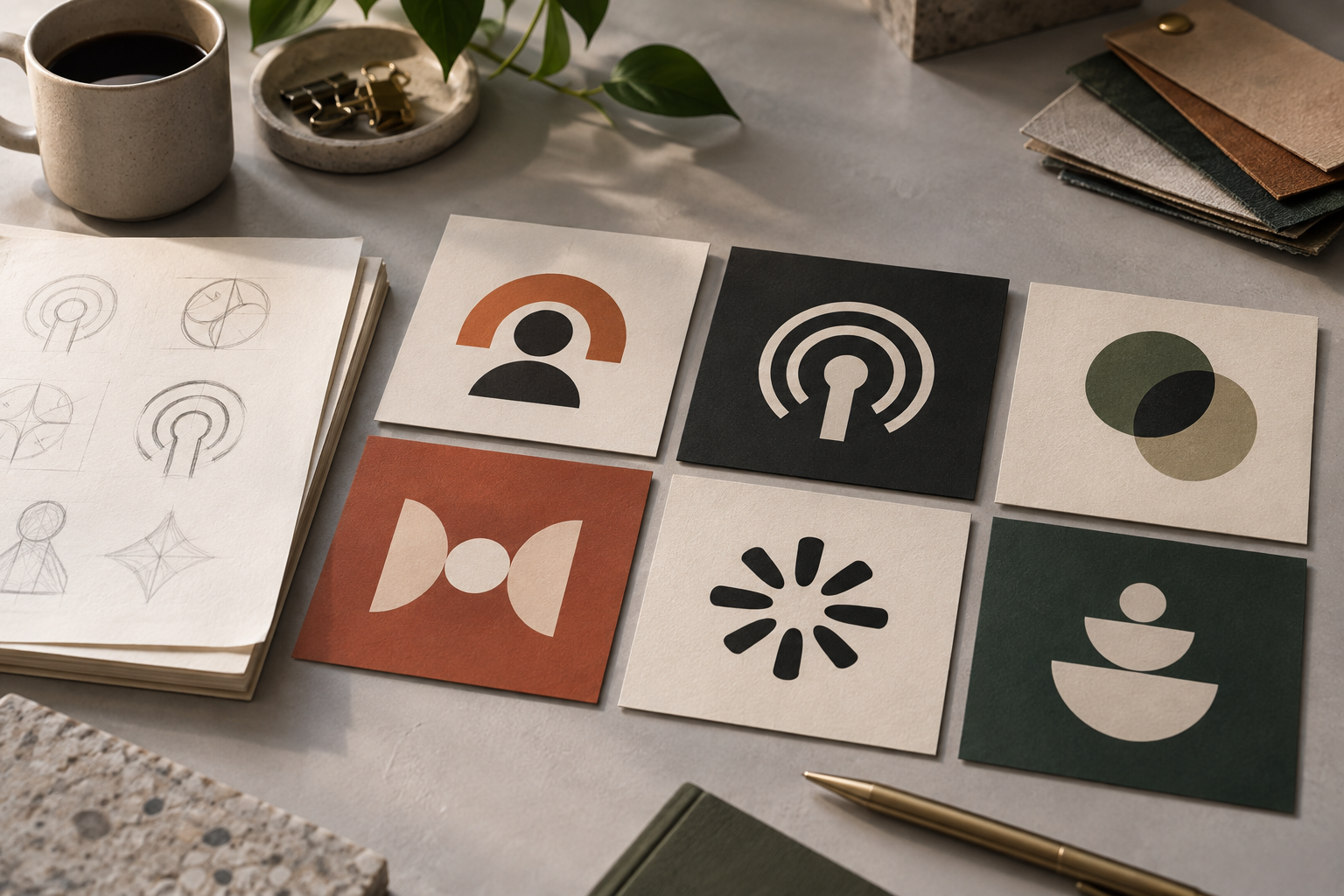 Several abstract podcast identity directions printed on square cover cards under soft studio light