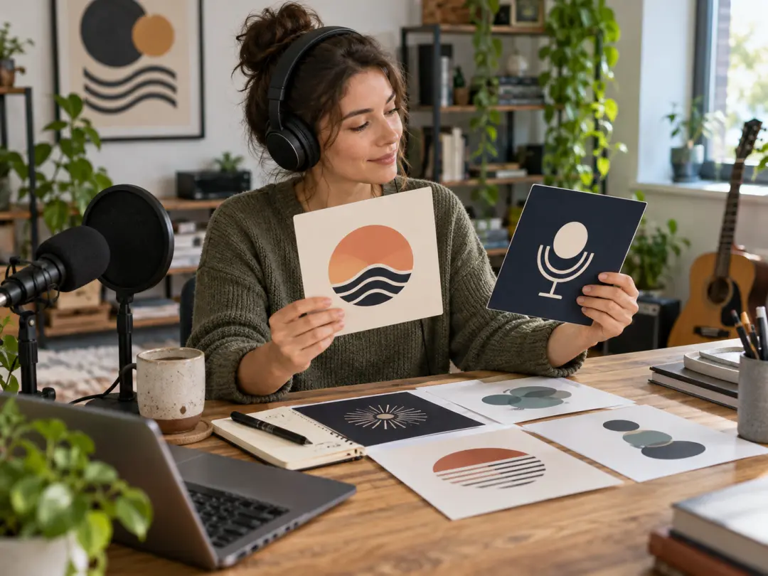 Solo podcast host comparing abstract podcast logos with headphones and printed cover samples