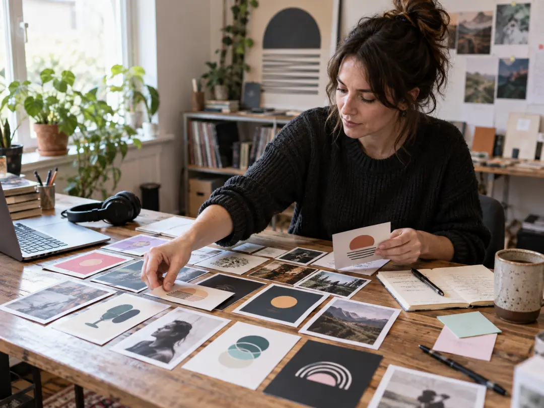 Podcast producer arranging editorial podcast logos, episode cards, and interview notes