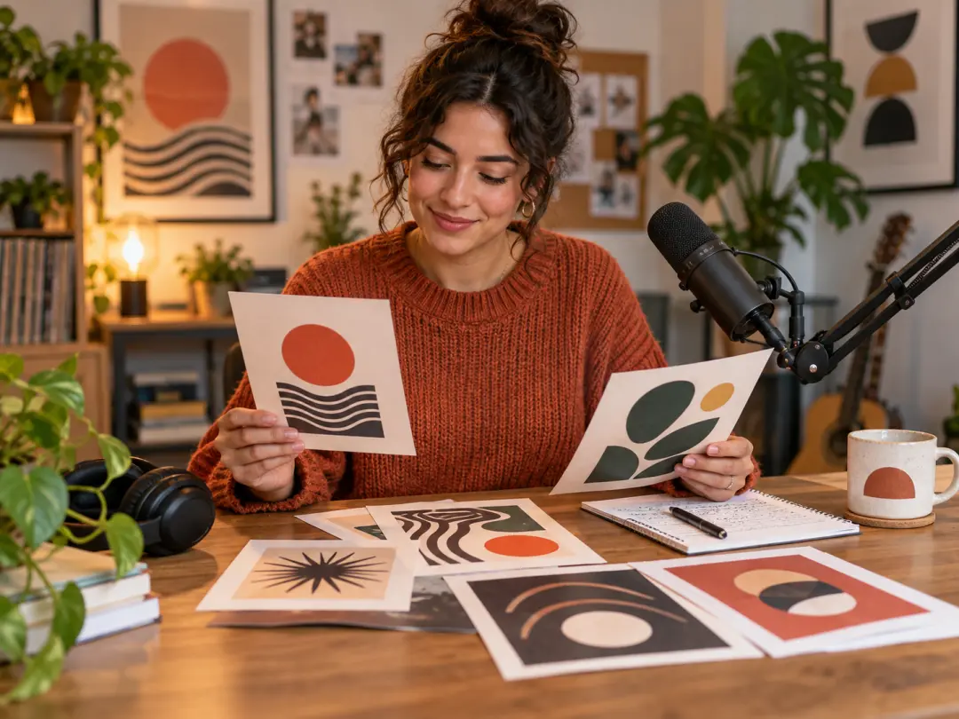 Community podcast host reviewing abstract podcast logos with printed event flyers and microphone notes
