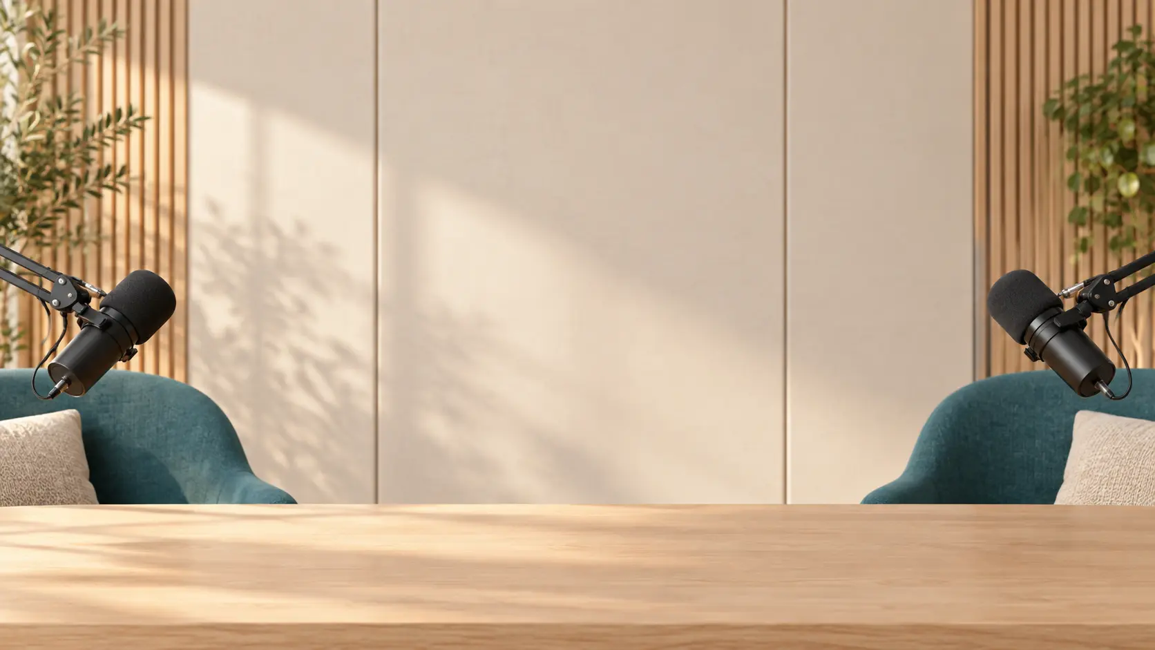 Daylight podcast studio with microphones at the edges and open central space