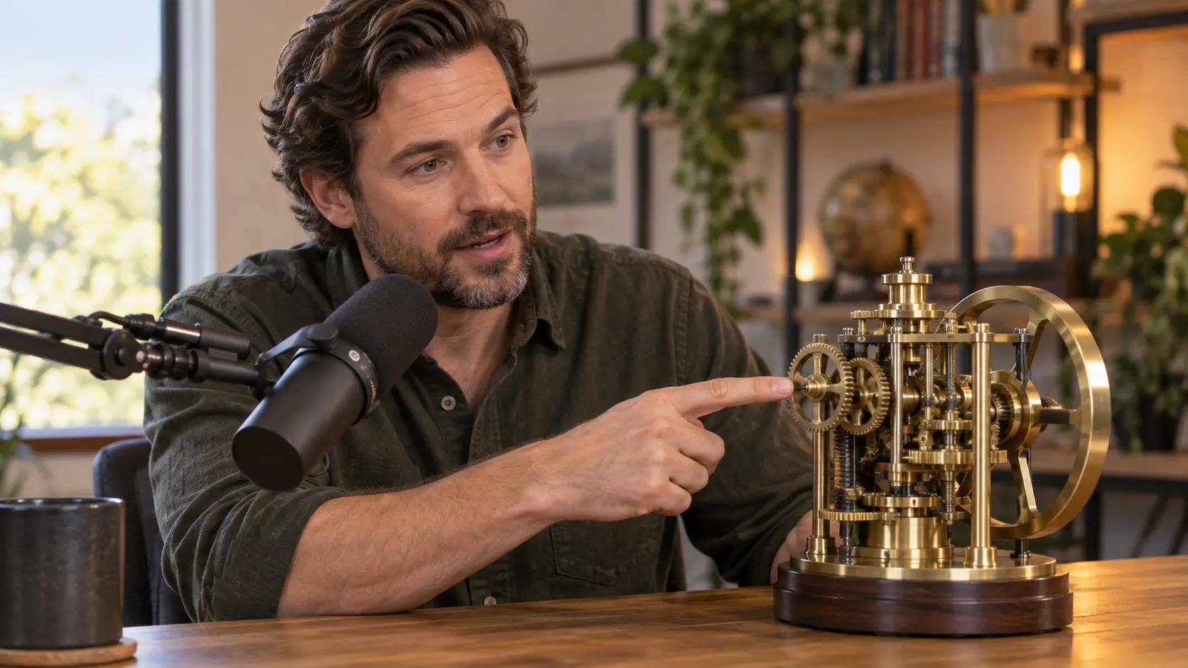 A podcast guest demonstrates a mechanical model in a clearly directed speaking scene