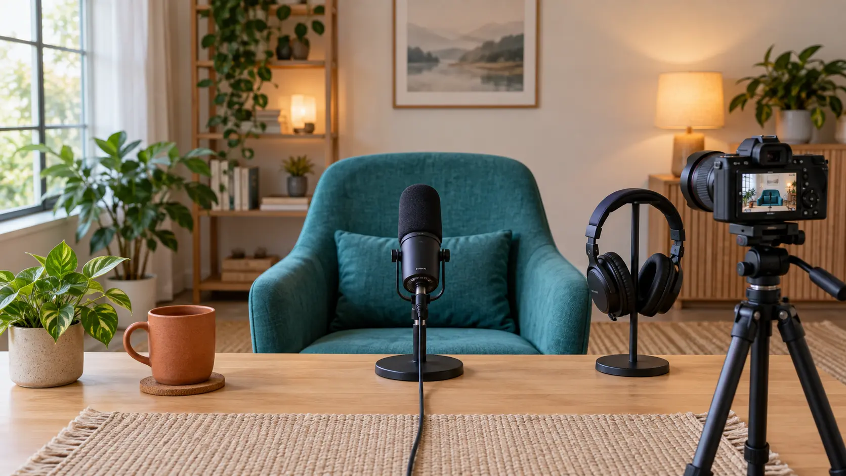 A prepared podcast set is ready for another consistent recording session