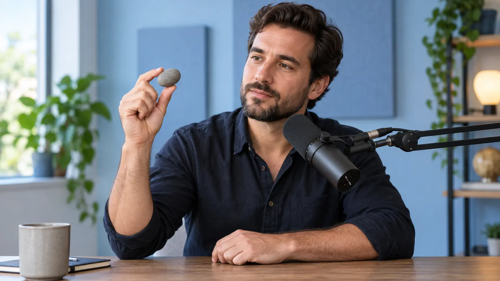 A podcast speaker raises a river stone at one precisely timed conversation moment